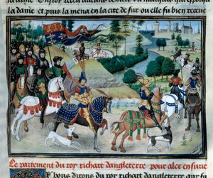 Tercera Cruzada: Ricardo Corazón de León (o Ricardo I de Inglaterra) zarpó en junio de 1191 hacia Tierra Santa desde Chipre. Miniatura tomada de 