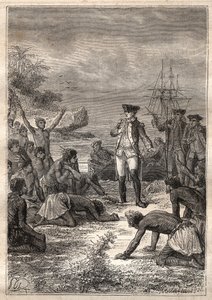 Tercer viaje (1776-1779) del Capitán James Cook (1728-1779): Cook es recibido por los nativos (Hawái) - ilustración tomada de “Los Grandes Marineros del siglo XVIII” de Unknown artist