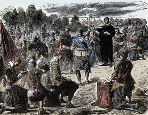 Guerra de los Treinta Años: Suecos en oración antes de la Batalla de Lützen - Guerra de los Treinta Años (1618-1648): El Rey Gustavo II Adolfo de Suecia (1594-1632) y sus tropas se reúnen para una celebración religiosa antes de la Batalla de Lützen (1632) de Unknown artist
