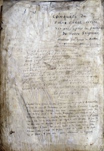 Página de título de un manuscrito: Conquista del Santo Grial, escrito 717 años después de la pasión de nuestro señor. Biblioteca municipal de Rennes, ms. 255 (Colección de novelas de la Mesa Redonda)