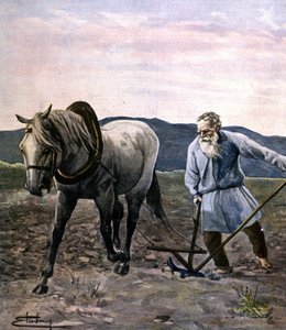 Tolstoy arando. Grabado finales del siglo XIX de Unknown artist