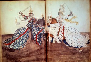 Torneo: Juego del señor llamante y señor demandado (Duque de Bretaña y Duque de Borbón frente a frente). Manuscrito “Libro de torneos” (Folio 32v - folio33) por René de Anjou de Unknown artist