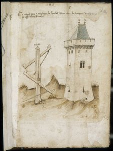 Máquina de medición de torres - Manuscrito: hoja de pergamino de un manual de ingeniero para la construcción de edificios civiles, religiosos y militares, anónimo, finales del siglo XV (figura en tinta china) de Unknown artist