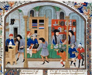 Escena de comercio: comerciantes en una tienda presentan vajillas y cubiertos de plata a sus clientes. Miniatura tomada de una edición de “Ética, Política y Economía” del filósofo griego Aristóteles (384-322 a.C.) de Unknown artist