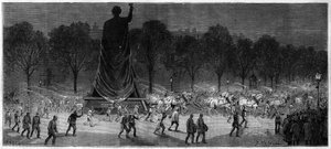 Traslado de la estatua de la República (Marianne en bronce, 9.50 m de altura), desde los talleres del Sr. Thiebaut a la Place de la Republique en París en 1883 de Unknown artist