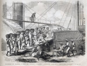 Transporte de carbón a bordo de barcos de vapor en Kingston (Jamaica) - Carga de carbón en Kingston - Jamaica - 1866 Grabado de “El Universo Ilustre” 1866