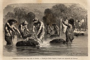 Viajeros lavando su ropa sucia en el río, junto con peones bolivianos, en las cercanías de Maniri (Bajo Perú). Grabado para ilustrar el viaje en los valles de Quinquinas, por Paul Marcoy, en 1849-1861, publicado en “Le tour du monde” 1869. de Unknown artist
