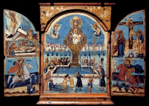 Tríptico de la Virgen, fuente de vida. Panel central: la Virgen cruza sobre una fuente milagrosa de agua. A la izquierda, la resurrección y deposición. Abajo un caballero (San Jorge) derribando un dragón. A la derecha, la crucifixión y un caballero