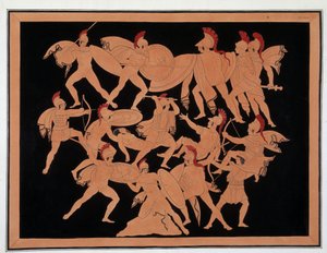 Guerra de Troya - en el centro: Menelao defiende el cuerpo de Patroclo con su escudo, Áyax armado con un hacha golpea a Hipotous, Merion dispara sus flechas, ataca a los troyanos para llevarse el cuerpo de Patroclo - Parte superior de la imagen: a la derec