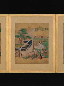 Doce escenas de El cuento de Genji, mediados del siglo XVII (álbum de doce hojas; tinta y color sobre papel jaspeado de oro)