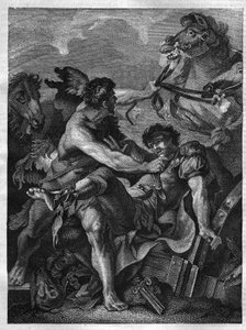 Doce trabajos de Hércules: Diomedes asesinado por Hércules y devorado por sus propios caballos. Grabado después de la pintura de Jean-Baptiste-Marie Peter.