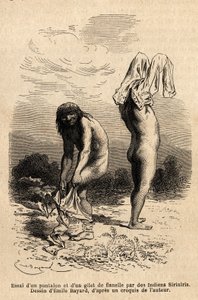 Dos indios Siriniris intentan ponerse pantalones y chaleco. Grabado para ilustrar el viaje en los valles de Quinquinas (Perú), por Paul Marcoy de Unknown artist