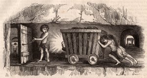 Dos niños empujando un carrito en una mina de carbón inglesa, un tercero, el Trapper, abre una puerta de Unknown