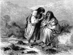 Dos indios de Perú tomando tabaco. Grabado del siglo XIX de Unknown artist