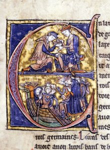 Dos reyes de Bretaña: Bans de Berroye (padre de Lancelot) y Boorz de Gaune. Manuscrito: Conquista del Santo Grial, escrito 717 años después de la pasión de nuestro señor. Biblioteca municipal de Rennes, ms. 255 (Colección de novelas de la Mesa Redonda) de Unknown artist