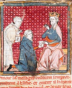 Dos mensajeros anuncian a Carlomagno (742-814) la victoria sobre los sarracenos. Miniatura de 