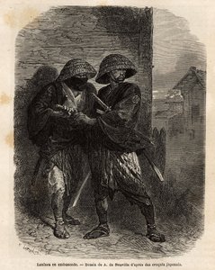 Dos ronins (samuráis que han perdido a su maestro) en emboscada. Grabado para ilustrar el viaje a Japón en 1863-1864, por Aime Humbert, ministro de la Confederación Suiza, en “Le tour du monde, nouveau journal des voyages” publicado bajo la dirección de Ed de Unknown artist