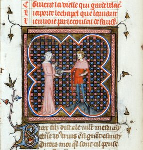 ""Un hombre joven y una anciana"" Página iluminada del manuscrito ""Le Roman de la Rose"" de Guillaume de Lorris (hacia 1200-1238) y Jean de Meun (Meung) (1240-1305) hacia 1353 Suiza Biblioteca de Ginebra de Unknown artist