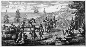 Desembarco de suministros en las colonias francesas de América. Dibujo a pluma en la cabeza de un memorando de Vauban sobre “Las colonias” en el manuscrito de sus “Oisivetes” conservado en el Depósito de Fortificaciones. Grabado en “La Nature: revue des sc de Unknown artist