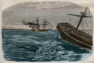 Líneas telegráficas submarinas: La colocación de un cable submarino - Grabado de 1857