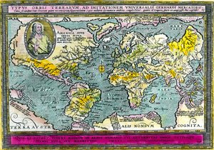 Mapa geográfico universal (Mapa del mundo) de 1596. Grabado. Colección privada. de Unknown artist