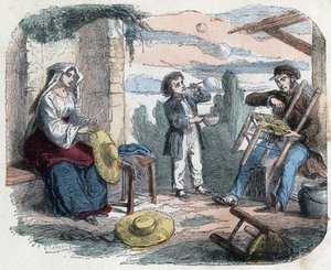 Uso de la paja en el siglo XIX: un hombre rellena una silla con paja, una mujer trenza sombreros (cestería), un niño hace burbujas de jabón con una paja. Grabado de finales del siglo XIX. de Unknown artist