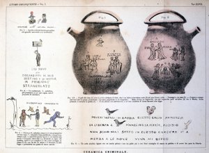 Varias ilustraciones e inscripciones dejadas por criminales en jarrones de cerámica: estudio de Cesare Lombroso (1835-1909), criminólogo italiano en “El hombre criminal” (L