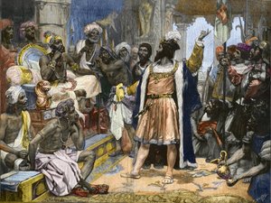 Vasco da Gama entrega la carta del Rey Manuel de Portugal al Samorim de Calicut - después de una pintura, c.