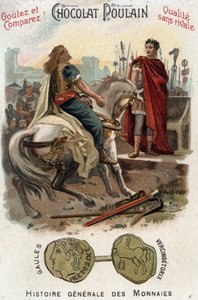 Vercingétorix (72-46 a.C.), líder de la rebelión gala, deposita las armas a los pies de César (100-44 a.C.), tras perder definitivamente la ciudad de Alesia. En Historia General de las Monedas - Cromolitografía de Chocolate-Foal de finales del siglo XIX -  de Unknown artist
