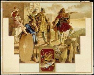 Vercingétorix rodeado de galos, guerreros, mujeres y niños - Cromolitografía