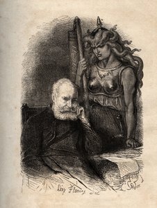 Victor Hugo sentado con una diosa de la guerra - grabado de "El Año Terrible", una serie de poemas que tratan sobre el Sitio y el trauma de perder a su hijo - Victor Hugo, atormentado por la diosa de la guerra grabado en "El Año Terrible" de Unknown artist