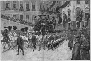Viena 1889: El funeral del Príncipe Rodolfo (Archiduque Rodolfo de Habsburgo (1858 - 1889), Príncipe Heredero de Austria). La procesión frente a la embajada francesa. de Unknown artist