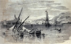 Vista de Corfú en Grecia desde la isla de Vido. Grabado de principios del siglo XIX de Unknown artist