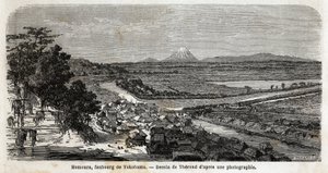 Vista de Homoura, suburbio de Yokohama, con el Monte Fuji al fondo. Grabado para ilustrar el viaje a Japón en 1863-1864, por Aime Humbert, ministro de la Confederación Suiza, en 