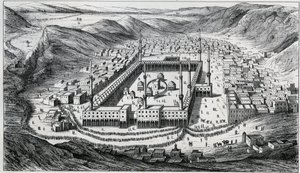 Vista de La Meca y su gran mezquita en el momento de la visita de los peregrinos - grabado del siglo XIX
