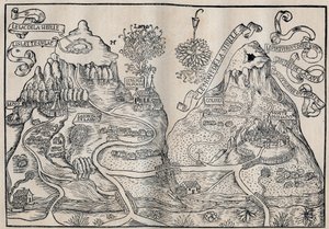 Vista del Monte Sibille (Paraíso de la Reina Sibila) (Mapa doble del Monte Pilato y el Monte Sibila) - Antoine de La Sale, escritor satírico francés del siglo XV de Unknown artist