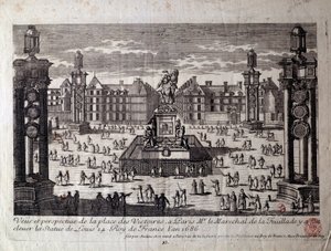 Vista de la Place des Victoires en París con la estatua de Luis XIV levantada por el mariscal de la Feuillade en 1686. Grabado del siglo XVII. París, Museo Carnavalet