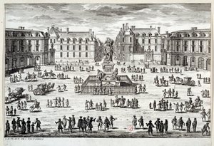 Vista de la Place des Victoires en París con la estatua de Luis XIV levantada por el mariscal de la Feuillade en 1686. Grabado del siglo XVII de Unknown artist