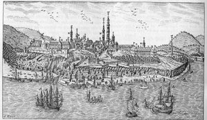 Vista de la ciudad de Quebec en Canadá (finales del siglo XVII): A. Jardín del fuerte. B. El fuerte. C. Almacén de pólvora. D. Los Recoletos. E. Ursulinas. F. Los Jesuitas. G. La catedral. H. El seminario. I. Hotel Dieu. L. Hospital General. Sr. L