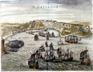Vista de Salvador, anteriormente conocida como Bahía, capital de Brasil en 1549, cuando fue fundada - Grabado del siglo XVI de Unknown artist