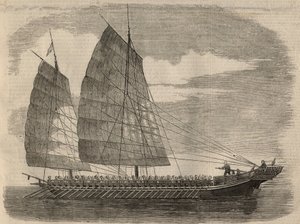 Vista de un barco pirata chino en Cantón. Grabado en “The Illustrated London News” del 31 de enero de Unknown artist