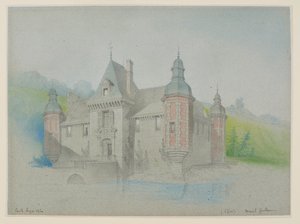 Vista de un castillo sobre un río de Unknown artist