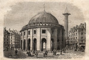 Vista de la Halle au Blé en París (construida entre 1763-1769) y la columna Médici, grabado a principios del siglo XIX