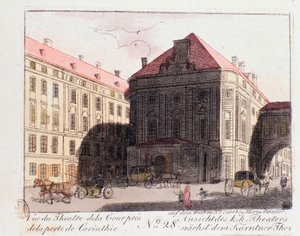 Vista del Teatro de la Corte cerca de la Puerta de Carintia (Karntnertortheater o Theater am Karntnertor) en Viena donde se representó por primera vez la 9ª Sinfonía de Beethoven el 07/05/1824. Austria. Grabado de 1815 Colección privada