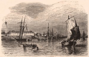Vista del Puerto de Lorient, Morbihan, Bretaña, Francia: veleros y barcos en primer plano, edificios del puerto y faro en el fondo de Unknown