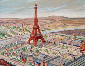 Vista de la Exposición Universal con los diferentes pabellones y la Torre Eiffel