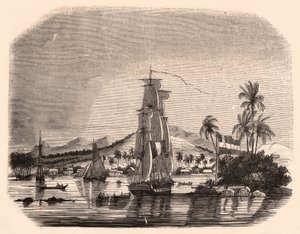 Vista de la bahía de Papeete y el bloque Reina, Tahití, Polinesia Francesa y en primer plano veleros y barcos