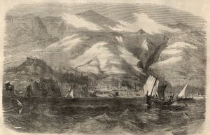 Vista de la ciudad de Funchal en la isla de Madeira en Portugal. Grabado en “The Illustrated London News” del 29 de febrero. de Unknown artist