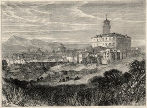 Vista de la ciudad de Monterotondo en Italia. Grabado en “L