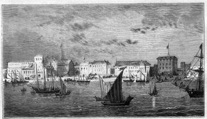 Vista de la ciudad de Zanzíbar en África. A la izquierda, el consulado francés. A la derecha, el palacio del sultán y el arsenal. Grabado en “El Universo Ilustrado” de Unknown artist